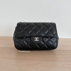 Auth Chanel Black Classic Flap Cosmetic Pouch w/ Mirror - Excellent